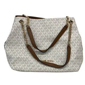 Michael Kors White Monogram Canvas Chain Tote Bag With Gold Accents